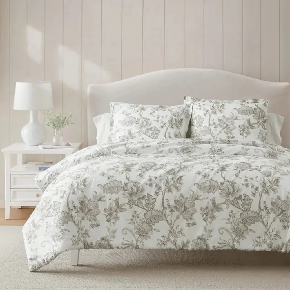 Avery Floral 3-Piece Moonlight Grey Cotton Sateen King Comforter Set